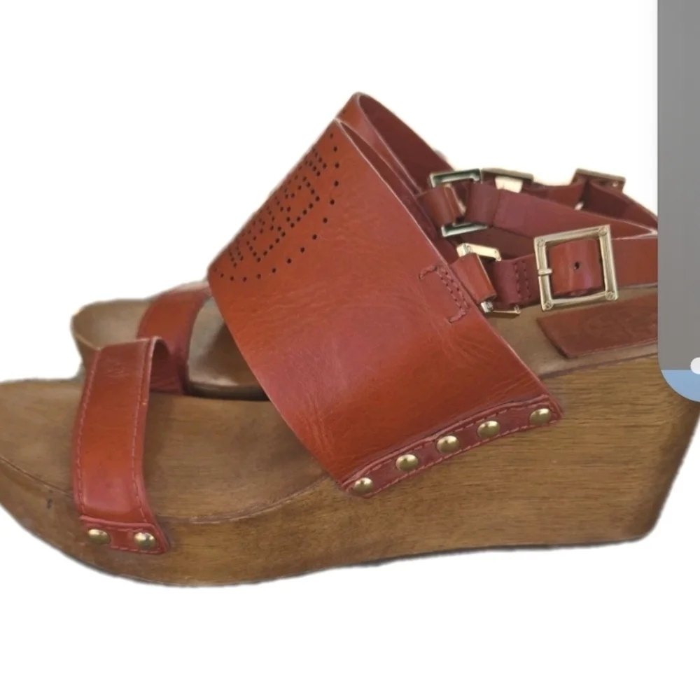 Tory Burch Womens Orange Gold  Leather Wooden Wedge Sandals Size 9 Boho TN Vols - Picture 9 of 13